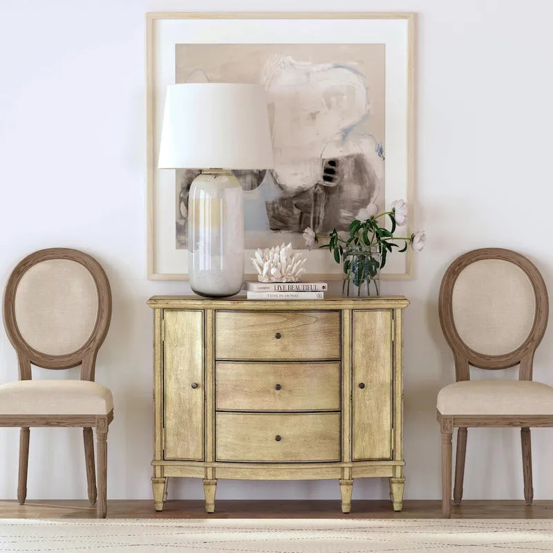 Gabinete de consola cerezo marrón/marrón/beige antiguo, 3 cajones y 2 puertas