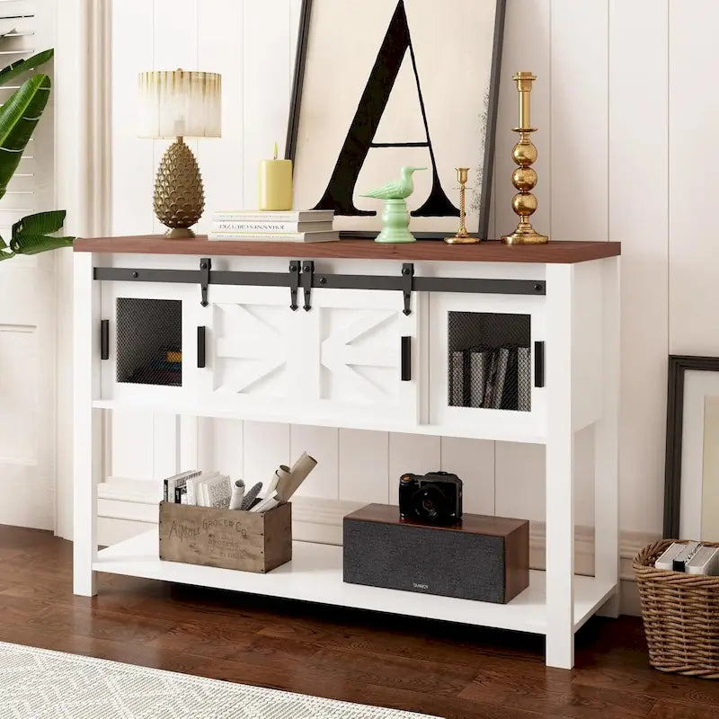 Mueble de barra de café con puerta corredera de granero estilo casa de campo blanca, individual