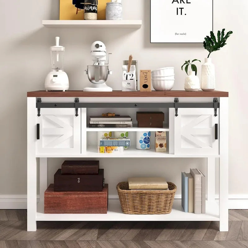 Mueble de barra de café con puerta corredera de granero estilo casa de campo blanca, individual