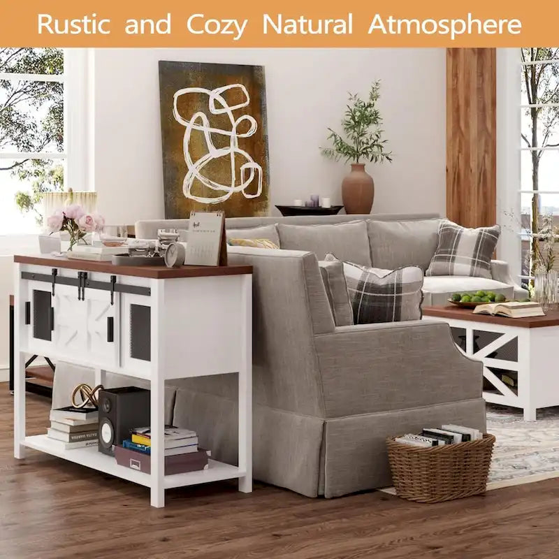 Mueble de barra de café con puerta corredera de granero estilo casa de campo blanca, individual