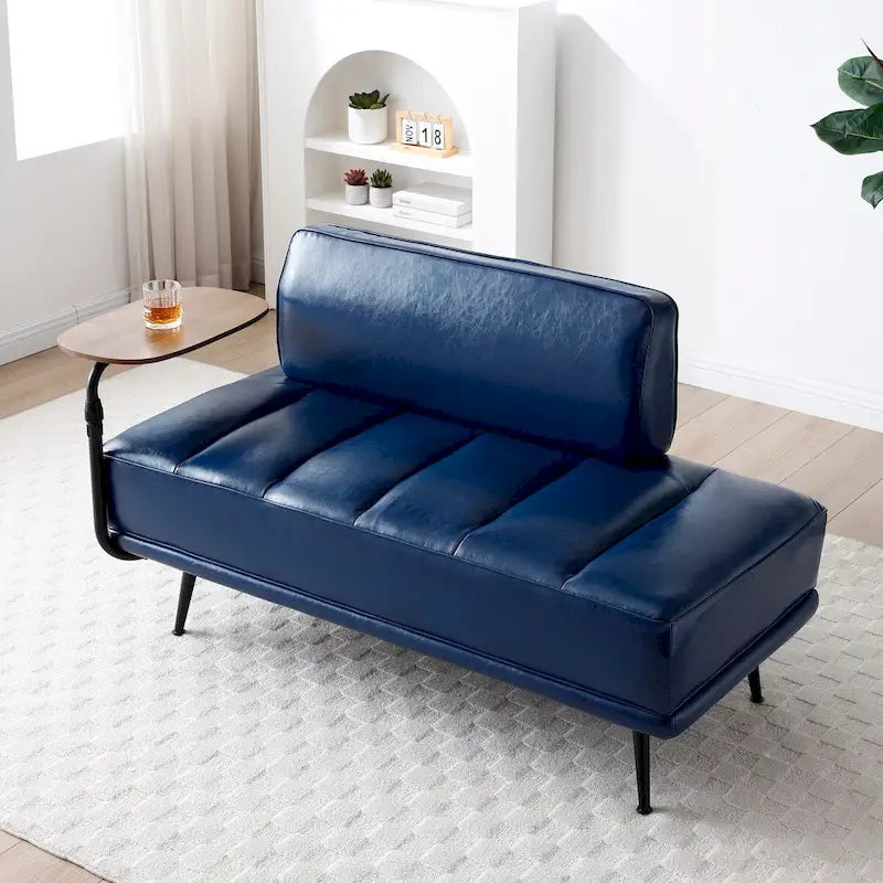 Banco tapizado en cuero sintético azul/verde/gris con bandeja lateral giratoria 360°, patas de metal, 1 asiento