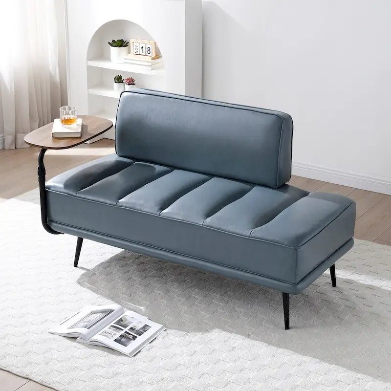 Banco tapizado en cuero sintético azul/verde/gris con bandeja lateral giratoria 360°, patas de metal, 1 asiento