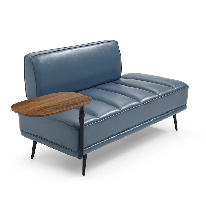 Banco tapizado en cuero sintético azul/verde/gris con bandeja lateral giratoria 360°, patas de metal, 1 asiento
