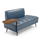 Banco tapizado en cuero sintético azul/verde/gris con bandeja lateral giratoria 360°, patas de metal, 1 asiento