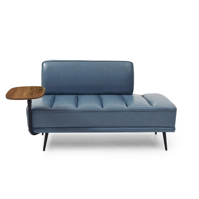 Banco tapizado en cuero sintético azul/verde/gris con bandeja lateral giratoria 360°, patas de metal, 1 asiento