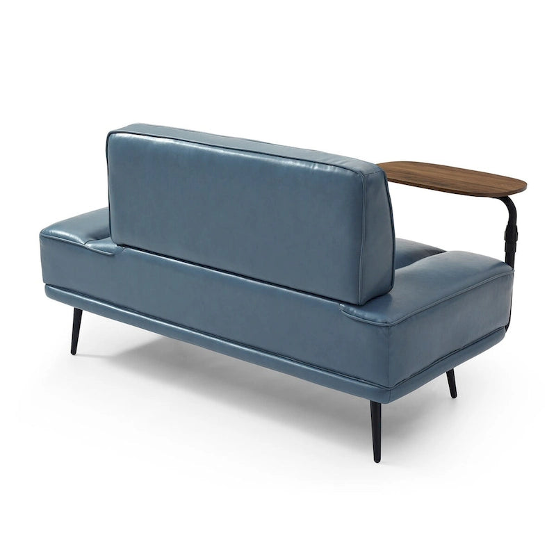 Banco tapizado en cuero sintético azul/verde/gris con bandeja lateral giratoria 360°, patas de metal, 1 asiento
