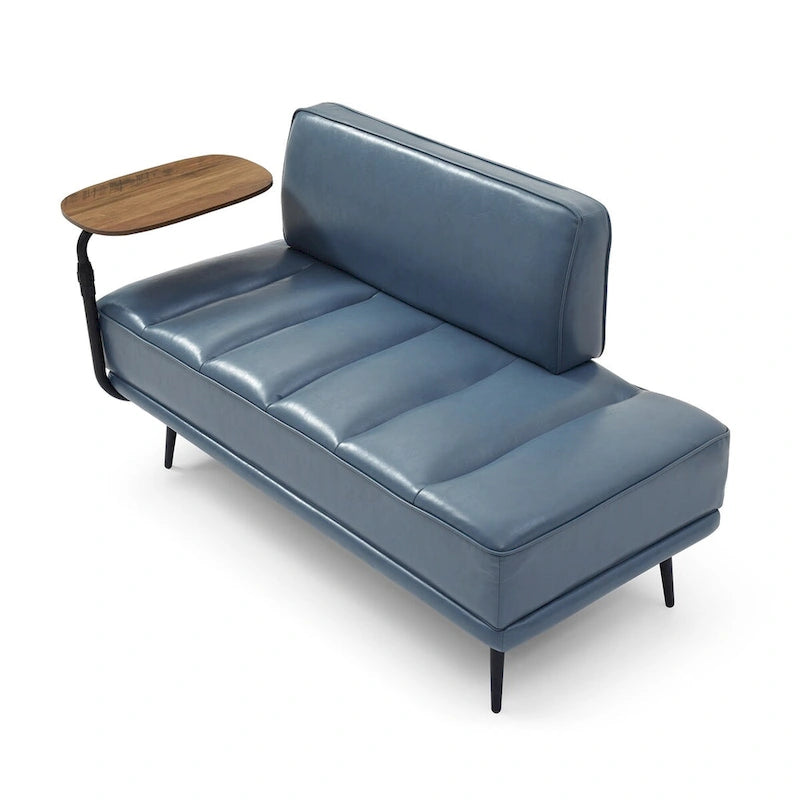 Banco tapizado en cuero sintético azul/verde/gris con bandeja lateral giratoria 360°, patas de metal, 1 asiento