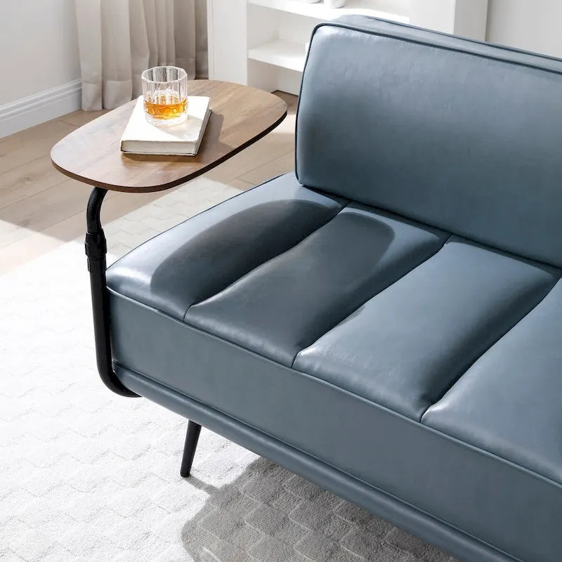 Banco tapizado en cuero sintético azul/verde/gris con bandeja lateral giratoria 360°, patas de metal, 1 asiento