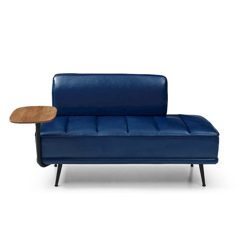 Banco tapizado en cuero sintético azul/verde/gris con bandeja lateral giratoria 360°, patas de metal, 1 asiento