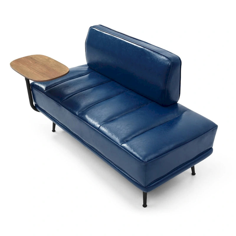 Banco tapizado en cuero sintético azul/verde/gris con bandeja lateral giratoria 360°, patas de metal, 1 asiento
