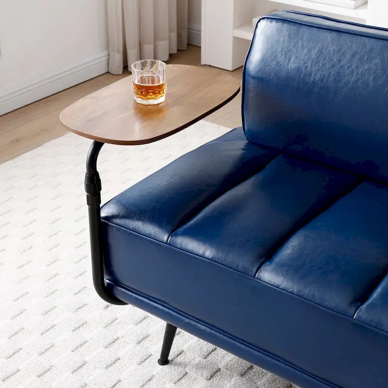 Banco tapizado en cuero sintético azul/verde/gris con bandeja lateral giratoria 360°, patas de metal, 1 asiento