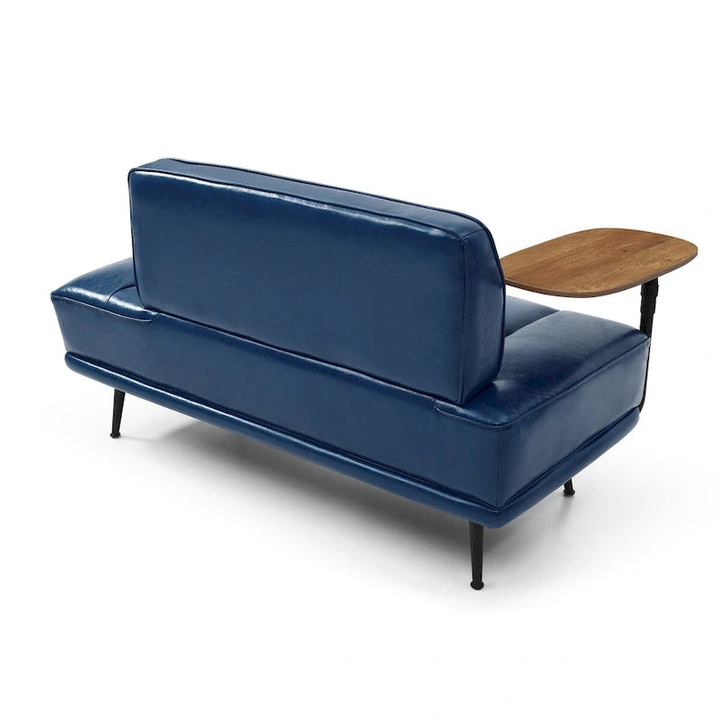 Banco tapizado en cuero sintético azul/verde/gris con bandeja lateral giratoria 360°, patas de metal, 1 asiento