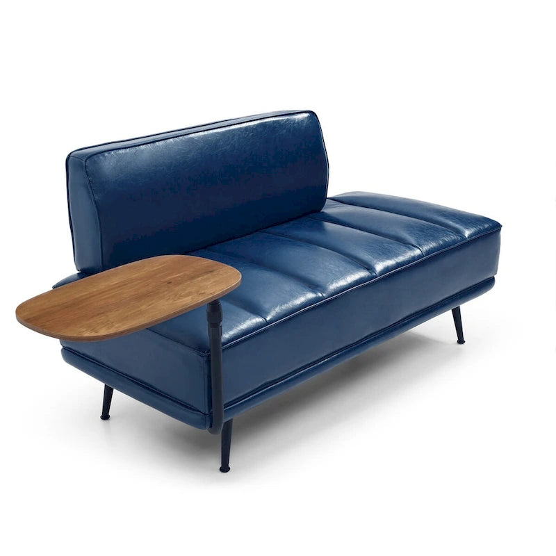 Banco tapizado en cuero sintético azul/verde/gris con bandeja lateral giratoria 360°, patas de metal, 1 asiento