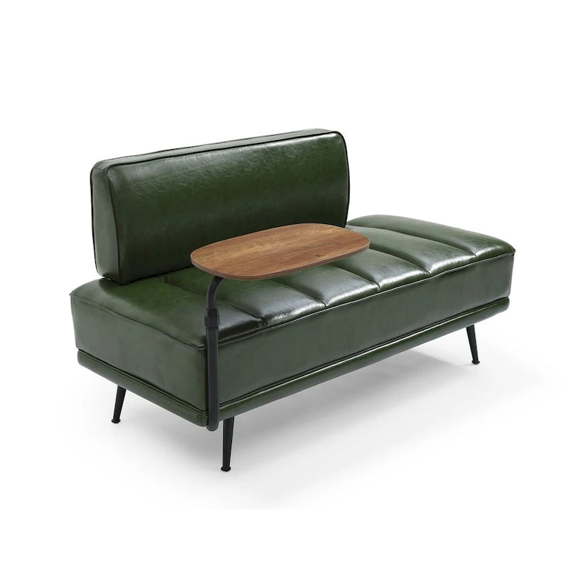Banco tapizado en cuero sintético azul/verde/gris con bandeja lateral giratoria 360°, patas de metal, 1 asiento