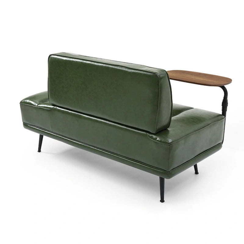 Banco tapizado en cuero sintético azul/verde/gris con bandeja lateral giratoria 360°, patas de metal, 1 asiento