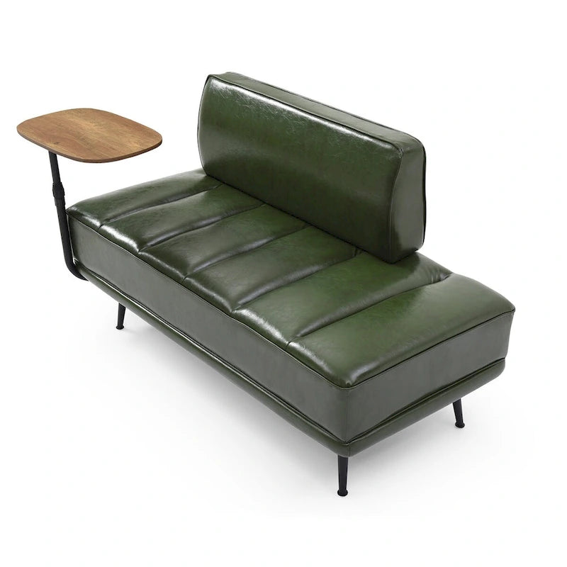 Banco tapizado en cuero sintético azul/verde/gris con bandeja lateral giratoria 360°, patas de metal, 1 asiento