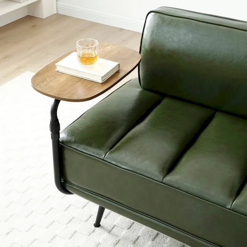 Banco tapizado en cuero sintético azul/verde/gris con bandeja lateral giratoria 360°, patas de metal, 1 asiento