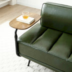 Banco tapizado en cuero sintético azul/verde/gris con bandeja lateral giratoria 360°, patas de metal, 1 asiento