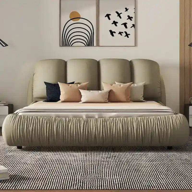 Cama Queen tapizada de terciopelo gris piedra/beige/gris/blanco con cabecera de gran tamaño, para 1 persona