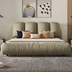 Cama Queen tapizada de terciopelo gris piedra/beige/gris/blanco con cabecera de gran tamaño, para 1 persona