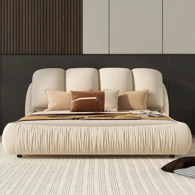 Cama Queen tapizada de terciopelo gris piedra/beige/gris/blanco con cabecera de gran tamaño, para 1 persona