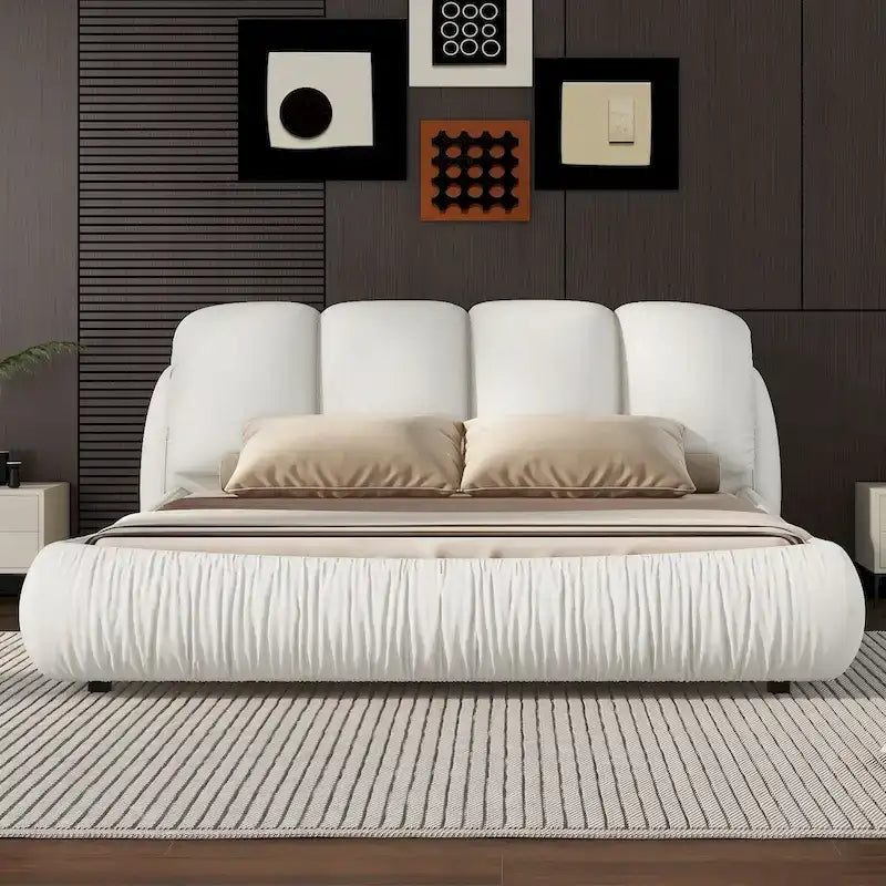 Cama Queen tapizada de terciopelo gris piedra/beige/gris/blanco con cabecera de gran tamaño, para 1 persona