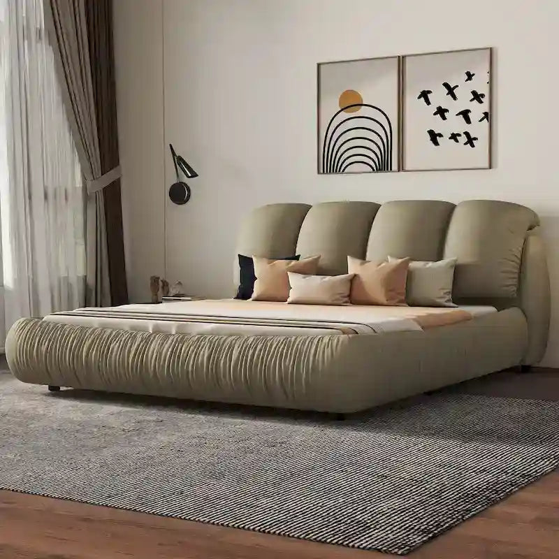 Cama Queen tapizada de terciopelo gris piedra/beige/gris/blanco con cabecera de gran tamaño, para 1 persona