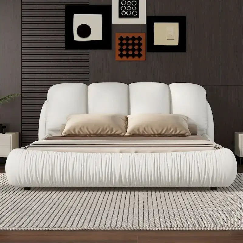 Cama Queen tapizada de terciopelo gris piedra/beige/gris/blanco con cabecera de gran tamaño, para 1 persona