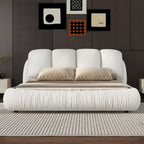 Cama Queen tapizada de terciopelo gris piedra/beige/gris/blanco con cabecera de gran tamaño, para 1 persona