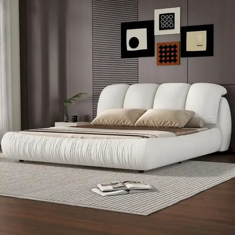 Cama Queen tapizada de terciopelo gris piedra/beige/gris/blanco con cabecera de gran tamaño, para 1 persona