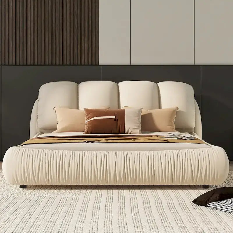 Cama Queen tapizada de terciopelo gris piedra/beige/gris/blanco con cabecera de gran tamaño, para 1 persona