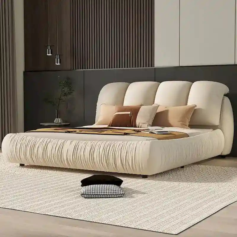 Cama Queen tapizada de terciopelo gris piedra/beige/gris/blanco con cabecera de gran tamaño, para 1 persona