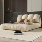 Cama Queen tapizada de terciopelo gris piedra/beige/gris/blanco con cabecera de gran tamaño, para 1 persona
