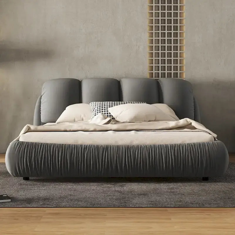 Cama Queen tapizada de terciopelo gris piedra/beige/gris/blanco con cabecera de gran tamaño, para 1 persona