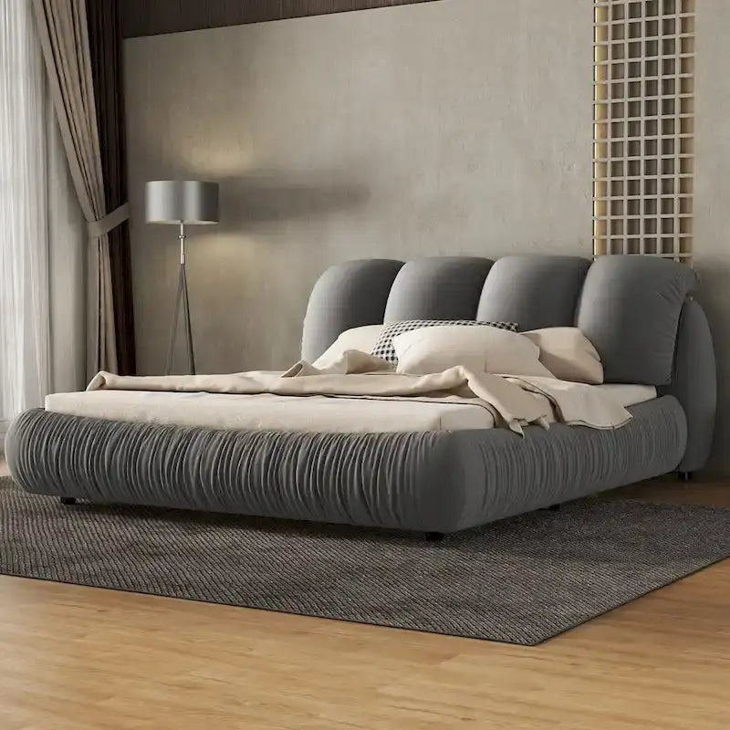 Cama Queen tapizada de terciopelo gris piedra/beige/gris/blanco con cabecera de gran tamaño, para 1 persona