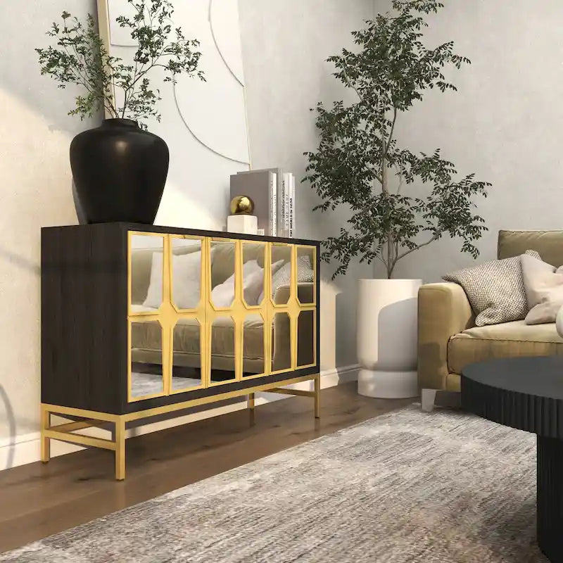 Armario de almacenamiento frontal con espejo, negro/dorado, individual